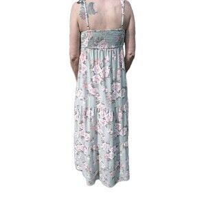 Women Med Derek Heart Tiered Maxi Dress Mint Floral Romantic Cottagecore Peasant
